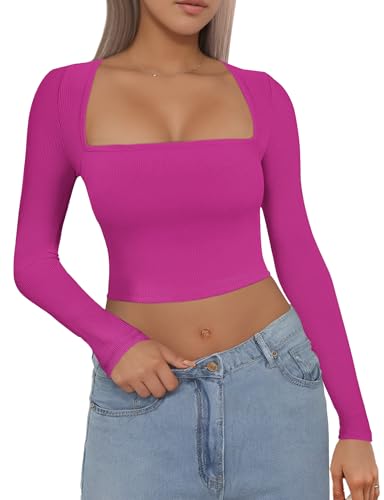 Buauty Women's Crop Tops Square Neck Shirts Long Sleeve Cropped Tshirts Fitted Tees Ribbed Basic Clothes Sexy Y2k Casual 2024