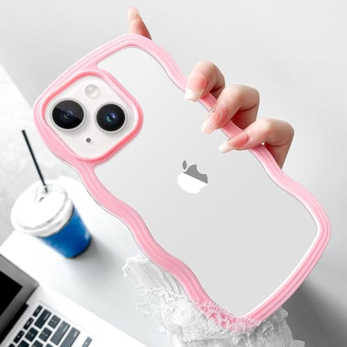 Image of MIDOS Back Cover Compatible with iPhone 14, Cute Curly Wave Frame Clear Case for Girls Women, Transparent Soft Silicone TPU Bumper Shockproof Protective Cover for iPhone 14 (Pink)