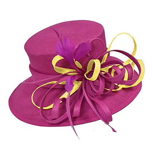 Chapeau à large bord rose fuchsia pour mariage cérémonie jaune taille unique