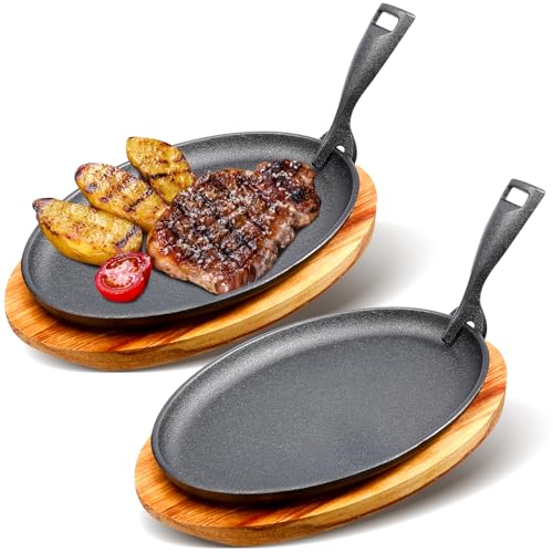 Comparison: Best Cast Iron Skillet Plate 11 FoldTier 2 Sets Cast Iron Skillet Set 10.63'' x 6.89'' Fajita Plate Sizzling Pan with Wooden Base Anti Scald Protection Removable Handle for Restaurant Kitchen Cooking Accessory BBQ Party