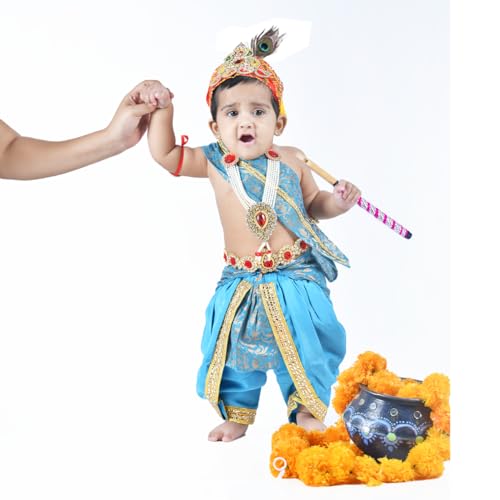 Image of ITSMYCOSTUME Krishna Dress for Baby Boy Kids Set of 10(Dhoti,Hip Cover,Patka,Mukut,Morpankh,Bansuri,Kamarband,Bajuband,Kundal) Little Krishna Ji Kanha Janmasthmi Costume