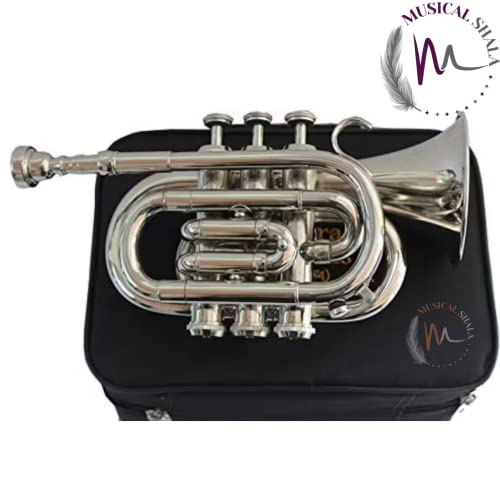 Musical Shala Bb Pocket Trumpet Nickel Finish Brass Body Musical Instruments Best For Begineer, Intermediate Or Advanced With Free Hard Case, Mouthpiece, Spring Set, Pair Of Gloves #TOP3