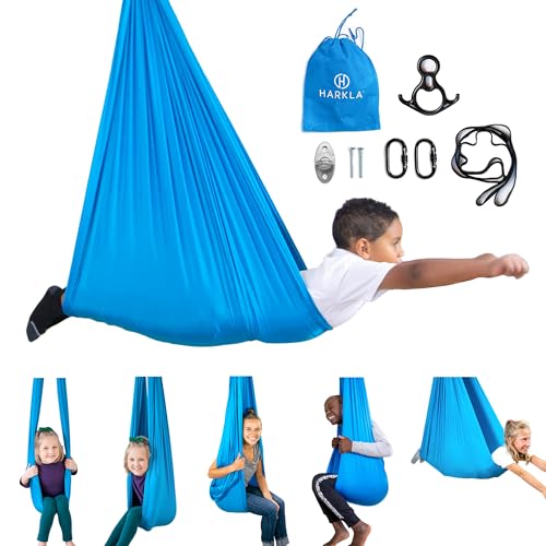 Harkla Sensory Swing for Kids & Adults - Holds 300lbs, Indoor Outdoor Sensory Swing for Hug Like Calming Effect - Double Layered Soft Fabric and Heavy Duty Hardware (Blue, 110' Swing)