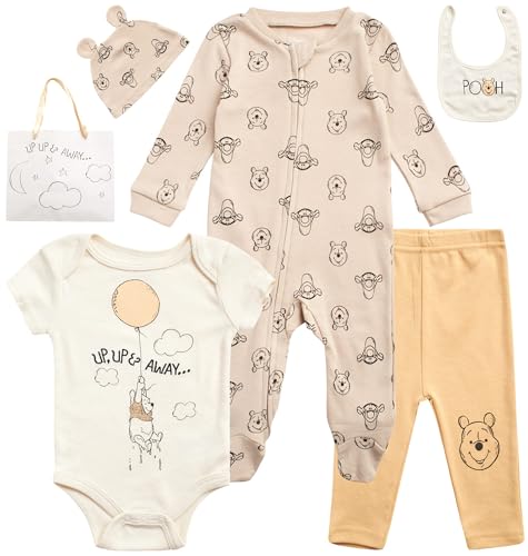 Image of Disney Newborn Baby Girl Boy Clothes - 7 Piece Mickey Mouse Winnie the Pooh Bib Onesie Overall Beanie Pants Gift Bag Gift Set