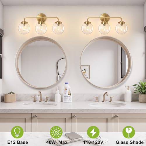 Image of Bathroom Vanity Light Fixtures Over Mirror, Modern Matte 3 Lights Wall Sconce Lighting with Transparent Glass Ball Shade, Mid Century Farmhouse Vanity Lights (Gold)