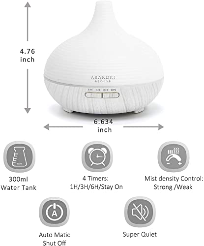 ASAKUKI 300ml Aroma Diffuser für Duftöle, Premium Ultraschall Luftbefeuchter Aromatherapie Öle Diffusor mit 7-farbigem LED-Licht, BPA-Free für Schlafzimmer, Büro, Spa