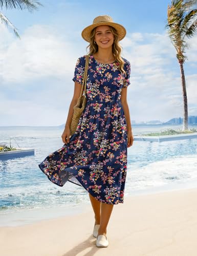 Image of Women's Summer Casual Loose Dresses Cotton Boho Floral Midi Dress for Women Beach Vacation with Pockets HD1