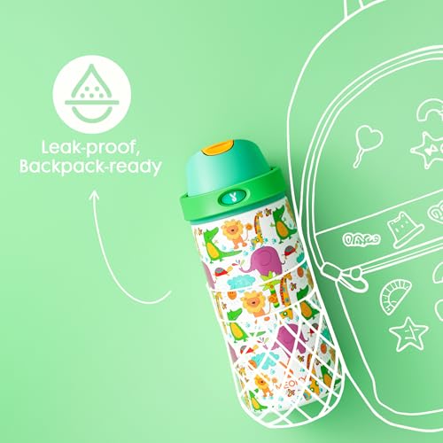 Image of 18 oz Kids Water Bottle for School: Meoky 18 oz Stainless Steel Insulated Water Bottle with 2-in-1 Straw and Spout Lid - Leak Proof, Fits in Car Cup Holder, BPA-Free for Teens Boys Girls, Wild Animals