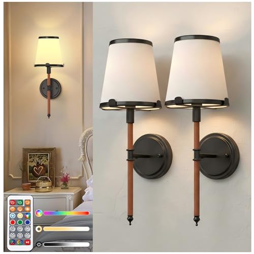 Image of DORESshop Battery Operated Wall Sconce Set of 2, Wireless Wall Light Easy to Install, 7 Color Rechargeable Wall Sconces, Sconce Wall Decor Set of 2 for Bedroom, Living Room, Black and Leather, 18.7in