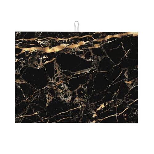 台所水切りマットマーブルブラックゴールド 速乾吸水マット 食器乾燥マット 丸めて収納 皿置き 速乾性 耐油性 抗菌 消臭 お手入れ簡単 大判 衛生 防カビ 丸めて収納 滑り止め 棚シート46*61cm