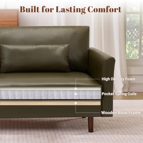 Image of Kingfun Faux Leather 3-Seater with Side Pocket, Olive Green