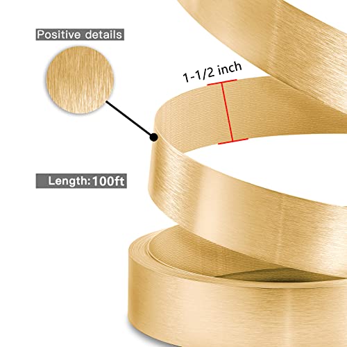 Image of PVC Edge Banding, 1 1 /2 inch x 100ft Non Glued Flexible Durable Real Brushed Aluminum Gold Veneer Edge Trim for DIY Table Cabinet Furniture Decorative Trim