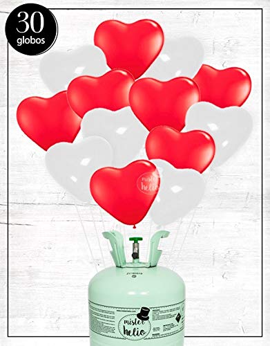 Bombona de Helio Mister Helio+ Globos Corazones Rojos y Blancos