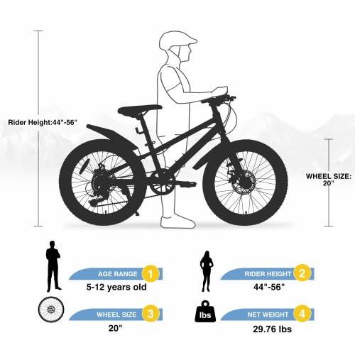 ECARPATEYE 20 Inch 24 Inch Kids Bicycles, Fat Tire Mountain Bike for Boys and Girls Age 5 + 10 + Years,Dual-Disc Brake,7-Speed,Kids Beach and Snow Bicycle (Grey, 20 Inch)
