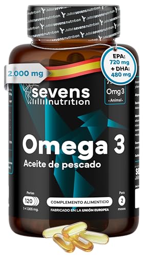 Omega 3 Cápsulas - 2000mg Aceite de Pescado - 120 Perlas - 720 mg EPA y 480 mg DHA - 1300mg Omega-3 TG Natural Omegatex® - Alta Potencia - Pureza Certificada - Con Vitamina E Natural