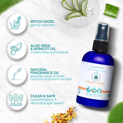 PRISTINE Toilet Paper Spray, As Seen on Shark Tank, Flushable Wipe Alternative, Personal Cleansing Bathroom Spray for Regular Toilet Tissue, Bidet Alternative, Made in USA, Coco Amber, 4oz Bottle