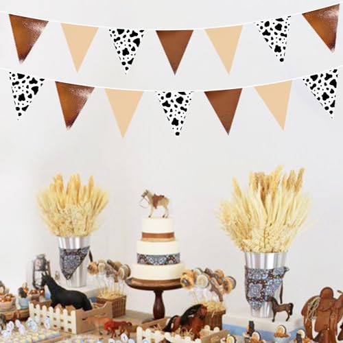 Image of 32Ft Cow Party Decorations Western Cowboy Triangle Flag Fabric Banner Pennant Garland Streamer for Western Cowgirls Cowboys Rodeo Birthday Derby Day Festival Farm Cow Wild Party Decor Supplies