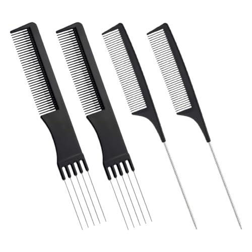 4 Pièce Outil de Coiffure avec Fourchette Métal & Dents Fines, Peigne de Coiffeur avec Fourchette en Métal et Dents Fines, Peignes à Dents Larges Style...