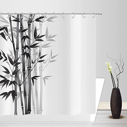 ASDCXZ Rideau de Douche Bambou 180x180 cm, Moderne Simplicité Noir Feuilles de Bambou Baignoire Rideau Douche Imperméable Tissu Rideaux de Douche Salle de Bain avec 12 Crochets