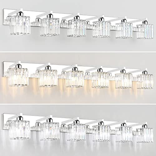 Image of Aipsun Bathroom Vanity Light Fixtures 6 Light Chrome Vanity Light for Bathroom Crystal Vanity Lighting Fixtures (Exclude Bulb)