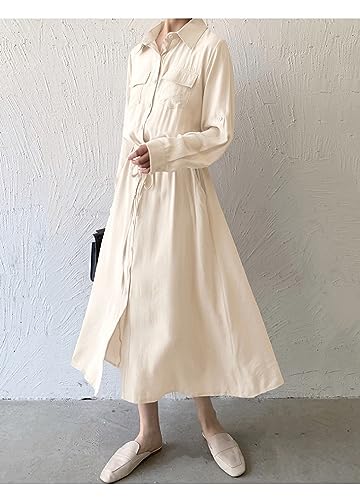 Image of Women Roll-Up Long Sleeve Button Down Shirt Midi Dress