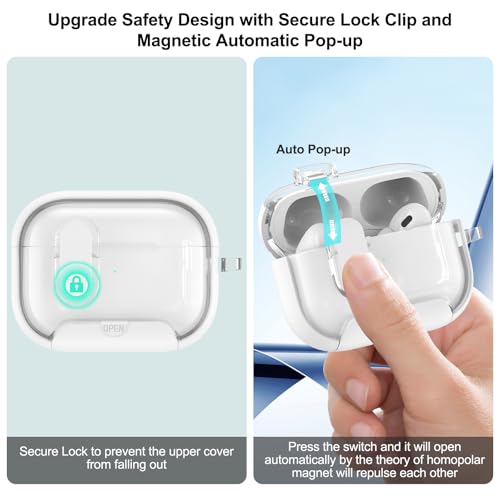 Image of Aircawin for Airpods Pro 2 Case Clear,Secure Lock for Airpod Pro 1st /2nd Generation Case Cover 2023 /2022 /2019 with Phone Stand /Magsafe Funtion,Auto Pop-up,Hybrid Protection with Carabiner&Cleaning Pen