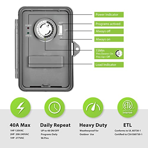 Bn-Link Pool Pump Timer, Outdoor Mechanical Timer Box, Heavy Duty 24 Hour Programmable, 2Hp 40A Max, 120, 240, 277 Vac, For Pool Pump, Water Heater, Fans, Spa, Etl Listed #TOP1