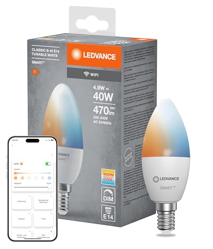 LEDVANCE Smarte LED-Lampe mit WiFi Technologie, Sockel E14, Dimmbar, Lichtfarbe änderbar (2700-6500K), ersetzt Glühlampen mit 40 W, SMART+ WiFi Candle Tunable White, 1er-Pack