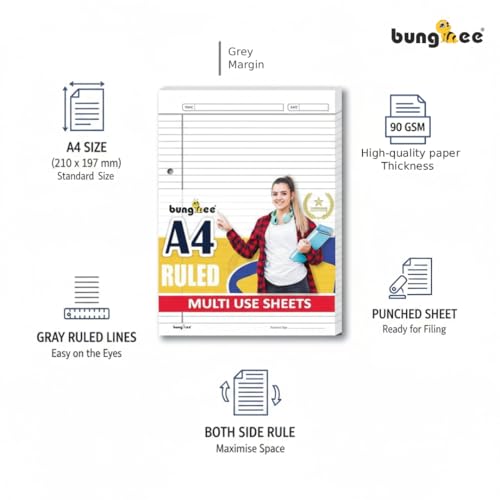 Image of Ruled Sheets A4 Size 90 GSM White Both Side Rule for Assignment, Project Work, Exam - 160 Sheets Loose Paper Bundle with Border, Non-Punched, Blue Rule and Magenta Margin - Glanza Edition