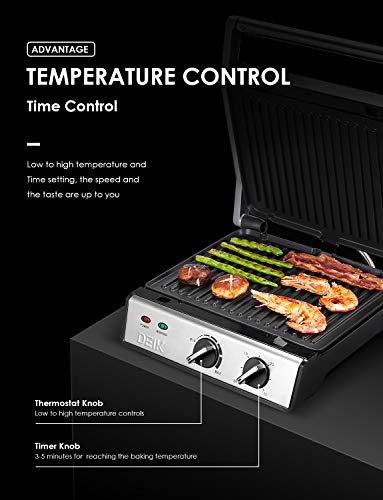 DEIK Panini Press, 6-in-1 Smokeless Indoor Grill with Timer and Temperature Control, 4 Non-Stick Removable Plates, Opens 180 Degrees for Panini, Grilled Meat, Steaks