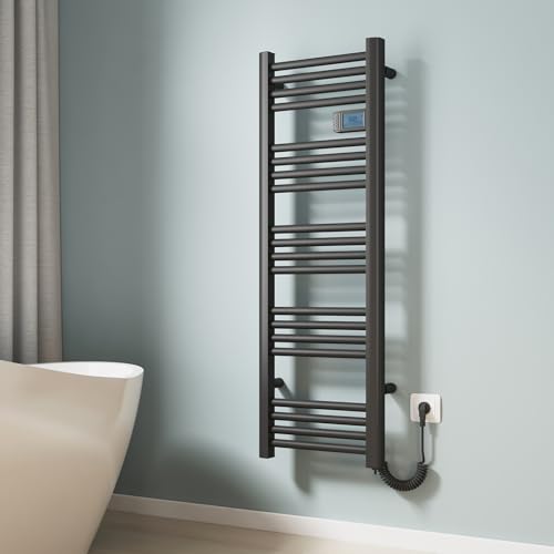 EMKE Toallero eléctrico de 120 x 40 cm, radiador de baño eléctrico con interruptor táctil, temporizador, calentador de toallas, calentador de toallas, calentador de toallas eléctrico, color negro mate