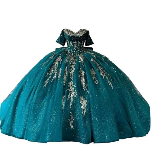 Glittery Champagne Gold Appliques Sweet 15 Dresses Puffy Ball Gown Quinceanera Dress with Bow 2025