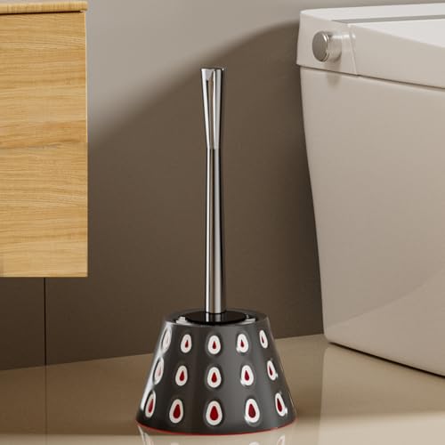 Image of Aesthetic Toilet Brush and Holder | Decorative Bathroom Accessory with Modern Tri-Color Pattern Design | Discreet Enclosed Caddy | Sturdy PP Bristles | Heavy-Duty Base | (Volcanic Gray /White /Red)