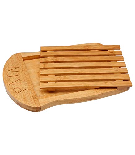 1 tabla de pan 100% madera de bambú, tabla de cortar con compartimento para recoger miga, duradera y resistente (35 x 26 cm)