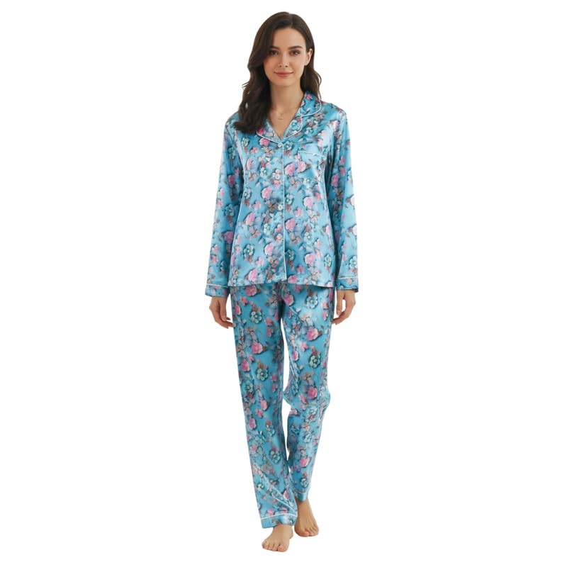 Image of Night Suit for Women with Full Sleeve Button-Down Top with Pant Dress for Woman, Night Dress for Woman, Cotton Two-Piece Loungewear Set