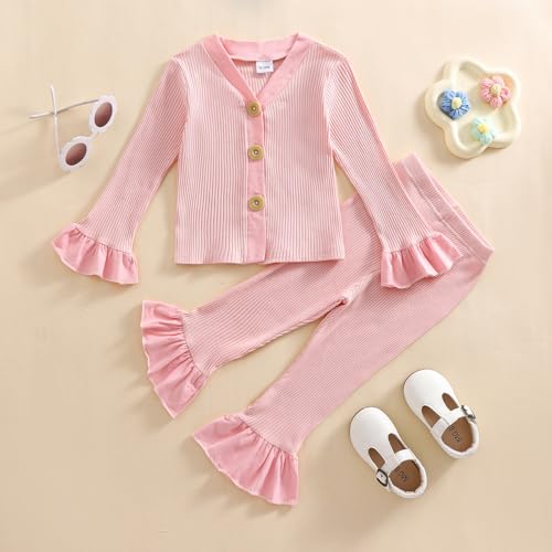 Toddler Baby Girl Clothes Ribbed Knit V-Neck Long Sleeve Tops Flare Pants Infant 2Pcs Fall Outfits Set3