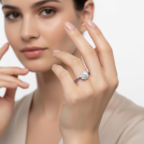 Image of Choose Your Gemstone Flower Halo Diamond CZ Ring 925 Sterling Silver Round Shape Halo Engagement Rings Everyday Jewelry Wedding Jewelry Handmade Gifts for Wife US Size 4 to 12