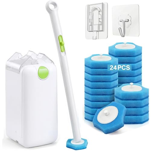 Image of Disposable Toilet Brush and Holder Set, 24 Toilet Bowl Cleaner Wand Refills | Wall Mounted Disposable Toilet Cleaning Set, Pre-Soaked Toilet Bowl Cleaner, Bathroom Cleaning System for RV Bathtub Sink