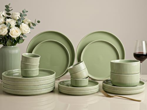 Image of Bodhi House 20-Piece Ribbed Porcelain Dinnerware Set | Quarter Plates, Katori & Serving Bowls, Chip Resistant, Lightweight, Microwave & Dishwasher Safe Crockery Set, Tea Green