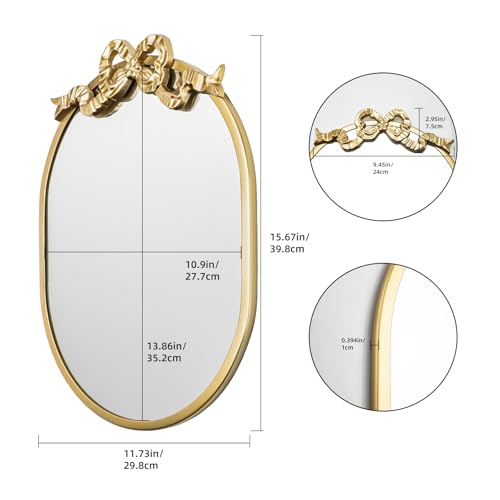 Image of SANY DAYO HOME Wall Hanging 16″ x 12″ Gold Metal Framed Oval Mirror with Decorative Bow, Modern Farmhouse Real Glass Accent Mirror for Vanity, Bathroom, Entryway