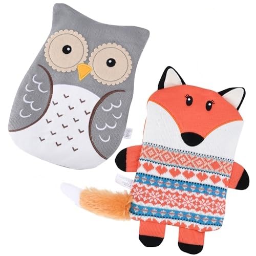 Snug A BabiesPixieCrush Microwavable Stuffed Animal - Set of 2, Orange Fox and Grey Owl, 7.9x11.4 inch- Knit Bedtime Stuffed Animals for Kids - Dual Hot & Cold - Heating Pack & Ice Pack