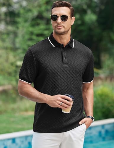 Image of JMIERR Mens Casual Polo Shirt Short Sleeve Vacation Button Summer Beach Knit Stretchy Golf Shirts