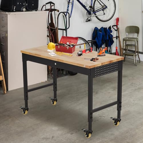 ACONEE 48\" Workbench for Garage Workbench, Rubber Wood Top Heavy-Duty Worktable Adjustable Workstation with 4 Rolling Casters, 2000 LBS Load Capacity Work Table for Workshop Office, Power Outlets - Thumbnail 2