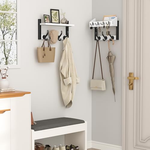 Image of Evermagin 29 inch Coat Rack Wall Mount with Shelf, 4 in 1 Coat and Key Hanger with 11 Metal Hooks, Entryway Wall Mounted Shelf with Mail Holder for Living Room, Bedroom, White