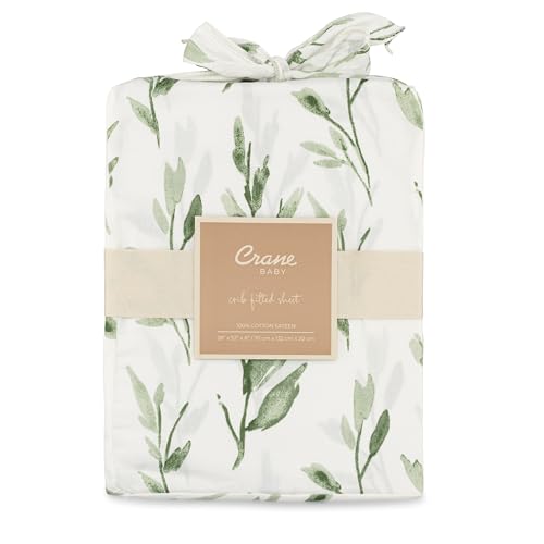 Image of Crane Baby 100% Cotton Sateen Crib Sheet, Fitted for Cribs and Toddler Beds, Baby Crib Sheets, Baby Bedding for Boys and Girls, Green Leaf