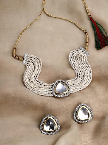 Image of ASMITTA Jewellery White Kundan Pearl Choker Necklace Set for Women with Earrings Bridal Jewellery Set for Wedding & Traditional