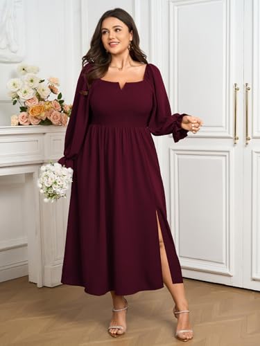 SCOMCHIC Womens Plus Size Maxi Dress Long Sleeve Square Neck Smocked Wedding Guest Flowy Split Fall Dresses with Pockets4