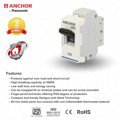 Image of Anchor by Panasonic 65983 UNO Mini Penta Modular 20 Ampere Single Pole C Curve MCB