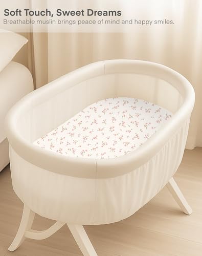 Image of Muslin Bedside Bassinet Sheets 2 Pack, 33x20 Fitted Ultra Soft & Breathable Bedside Sleeper Sheets, Ideal for Baby Girl and Boy, Perfect for Newborns (Rosy)