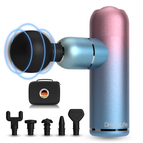 DH FitLife Mini Massagepistole Aurora 2.0, Handmassagegerät aus Metall für Schulter und Rücken, Massage Gun 21,6Wh, 4 Stufen bis zu 3200U/min, Massage Pistole inkl. 6 Massageaufsätze (Rosa-Blau) Cover